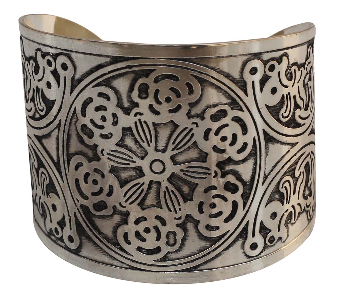 Wholesale Bracelets from India – Antique-Look Cuff Bracelet – Cast in Brass – Nickel Plated & Black Shading – Floral Motifs – Bracelets in Bulk
